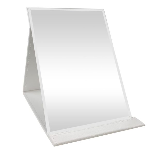 Folding Mirror, Large Mirror, Makeup Mirror, Foldable, Tabletop Mirror, Adjustable Angle, High Quality PU Leather, L, 10.2 x 7.1 inches (26 x 18 cm), White