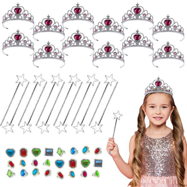 PODZLY - 48-Piece Princess Jewelry Set - 12 Tiaras, 12 Wands, 24 Rings - Perfect for Pretend Play, Birthday and Costume Party Favors - Accessories for Kids, Toddler - Dress Up Kit with Girl Crowns