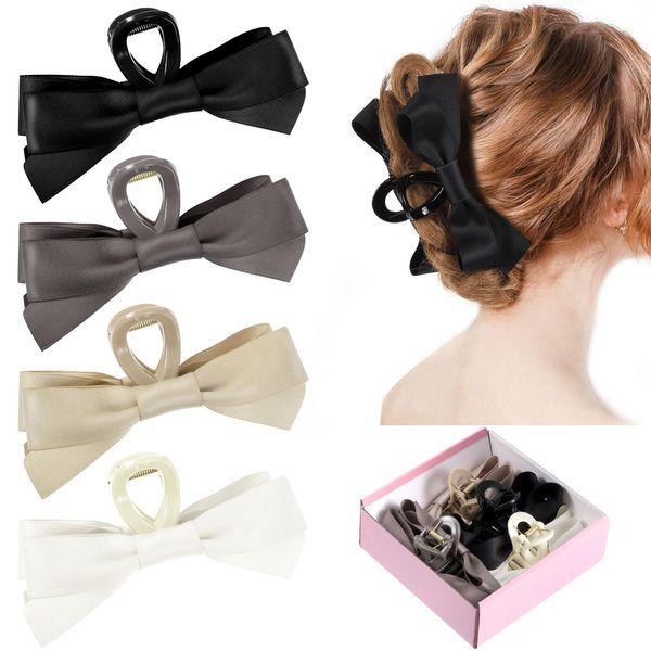 4 Pcs Bow Claw Clips, Bow Hair Clips for Women Girls, Satin Hair Bow Clips,Nonslip Bow Knot Large Claw Clips with Gift Box for Thick Thin Hair Wedding Bridesm