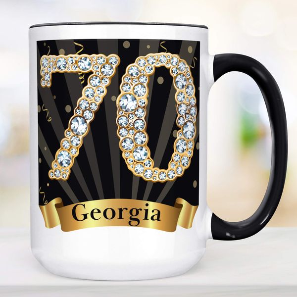 70th Birthday Gift Coffee Mug Personalized Name Ceramic Cup Black Gold Diamond Pattern