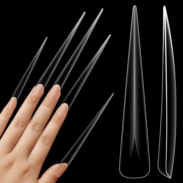 NOVO OVO Extra Super Extreme Long Stiletto Nail Tips, 5XL XXXXXL Clear Full Cover French Tips False Fake Nail Extension, Sharp Fishbone Arrow Head Nails for Professional Acrylic 120 pcs 12 Size