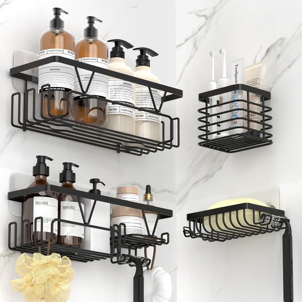 Kegii 4er Set Duschablage, Badezimmer Duschregal ohne Bohren Organizer, Shampoo Halterung für Dusche, Badregal aus Edelstahl, Schwarz