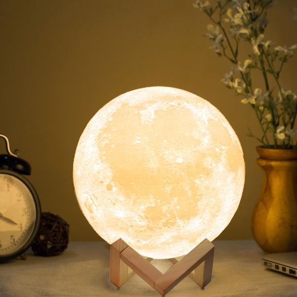 Methun 3D Moon Lamp with 7.1 Inch Wooden Base - Mothers Day LED Night Light, Mood Lighting with Touch Control Brightness for Home Décor, Bedroom, Birthday Gifts for Woman Kids- White & Yellow