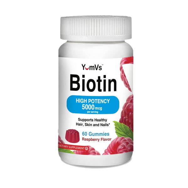 YUM-V'S 5000mcg Biotin Gummies for Hair Skin and Nails Growth by YumVs Chewable Gummy for Adults and Kids | Biotin 5000 mcg | Raspberry Flavor Jellies, 60 Count | Vegetarian, Non-GMO, Kosher