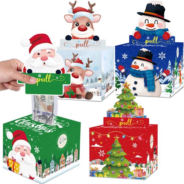 Meiidoshine 4 Pack Christmas Money Box for Cash Gift Pull, Surprise Money Holder for Kids Adults with 200Pcs Transparent Bags - Fun Ways to Give Cash As A Gift for Your Loved Ones