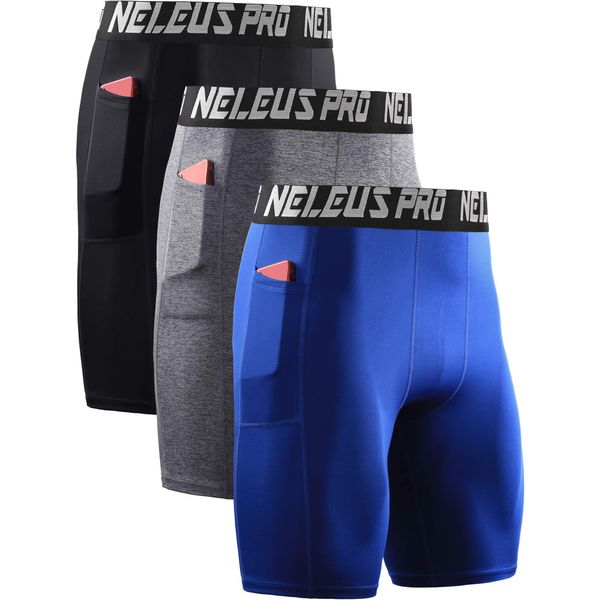 NELEUS Men's 3 Pack Compression Shorts with Pockets Dry Fit Yoga Running Shorts,6063,Black/Grey/Blue,M