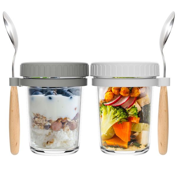 2 Pack Overnight Oats Jars with Lids and Spoon, 350ml Airtight Breakfast Jars with Measurement Marks, 12oz Oats Container for Salads Cereal Milk Porridge Fruit Chia Seed Pudding Yogurt White& Grey