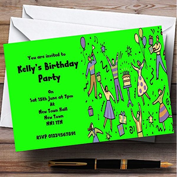 Fingerprint Designs Lime Green Dancing People Personalised Party Invitations