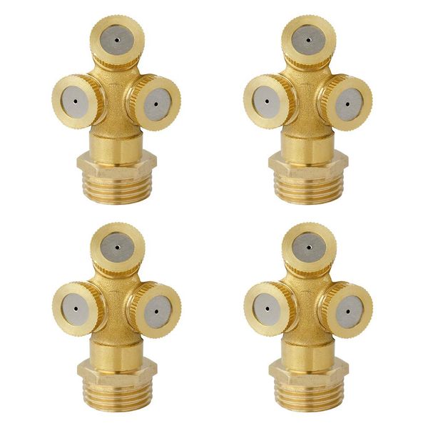 Feelers Brass Misting Spray Nozzle, 1/2" BSPF 3-Holes Atomizing Spray Garden Sprinklers Agricultural Irrigation System Adapter Fitting (Pack of 4)