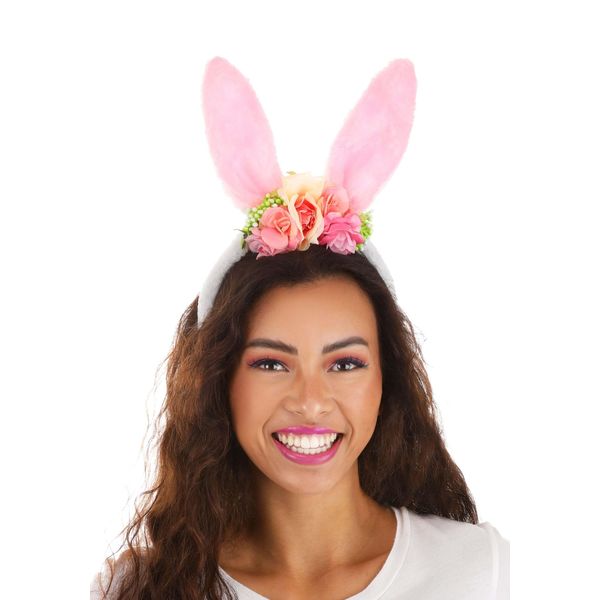 Whimsical Floral Bunny Ears Headband - Spring-Ready Accessory with Faux Fur, Fabric Roses, and Bendable Wire Frames