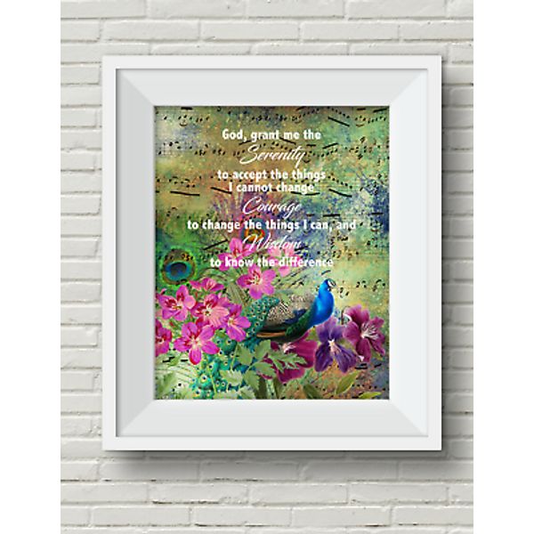 SERENITY PRAYER Musical Peacock UNFRAMED wall art poster print. Encouragement.