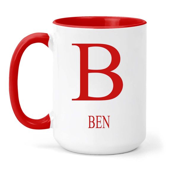 grabmybits Ben Personalized Initial Mug - Custom Name Ceramic Cup for Tea or Coffee Gift - Red