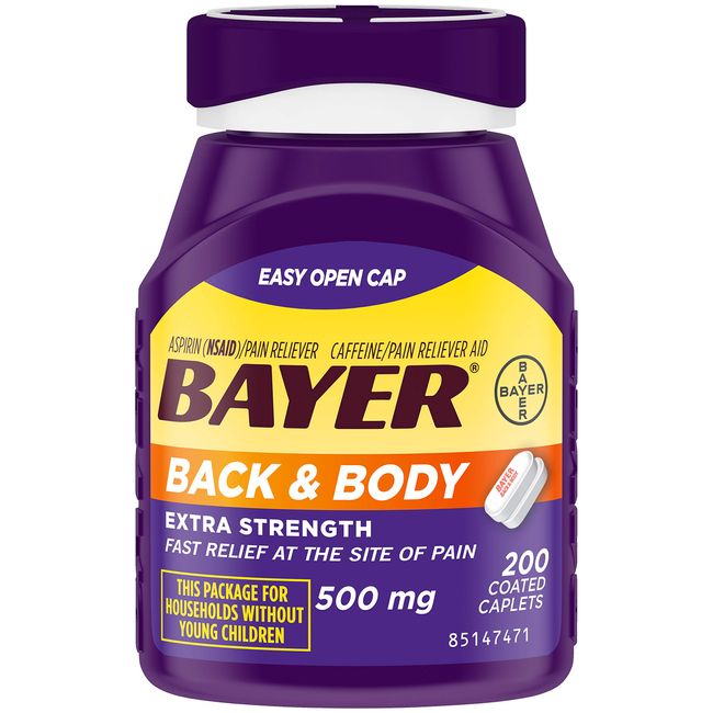 Bayer Back & Body Extra Strength Aspirin, 500mg Coated Tablets, Fast Relief at the Site of Pain, Pain Reliever with 32.5mg Caffeine, 200 Count