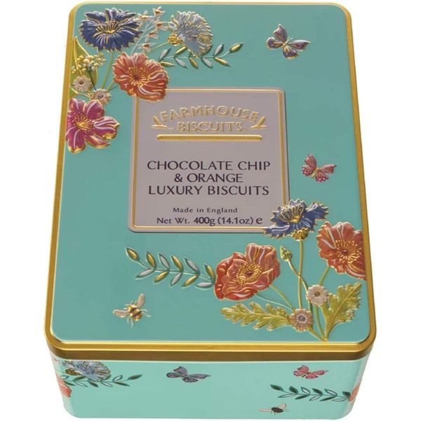 Farmhouse Luxury Chocolate Chip & Orange Biscuits in a Floral Meadow Gift Tin - 400 Grams, Perfect for Mothers day, Fathers Day, Anniversary, Thank you, Easter, Christmas , All Occassions