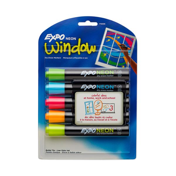 Expo Dry Erase Neon Markers | Bullet Tip Dry Erase Markers | Whiteboard Markers, Assorted Colors, 5 Count