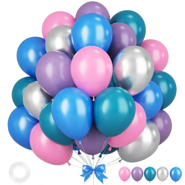 Pink Blue Purple Balloons, 12 Inchs Blue Pink Metallic Silver Cartoon Theme Balloons for Kids Birthday Hawaii Tropical Party Supplies Video Gaming Baby Shower Party Decorations