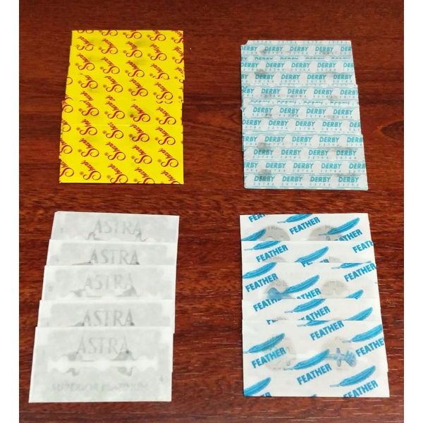 DOUBLE EDGE RAZOR SAMPLER - TOP BRANDS- FEATHER, ASTRA, DERBY, SHARK (20 BLADES)