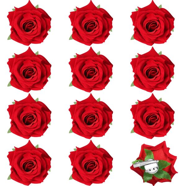 Yilloog 12 Pack Rose Hair Clip Flower 2.8'' Hairpin Floral Brooch Floral Hair Clips Mexican Hair Flowers Hairpin Party Supplies for Women Rose Hair Accessories Wedding Pack(Red)