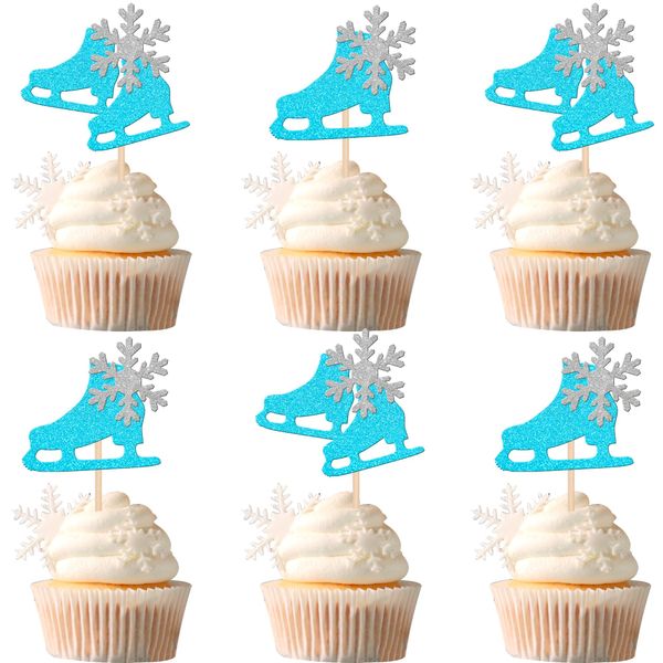 Rsstarxi 24 Pack Ice Skating Cupcake Toppers Glitter Winter Snowflake Ice Sports Theme Cupcake Picks for Skating Theme Baby Shower Kids Birthday Party Cake Decorations Supplies Blue