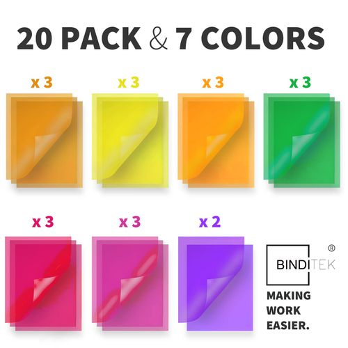 Binditek 20 Pack 10 Mil PVC Binding Presentation Covers, Clear Binding Front Covers, 8-1/2 x 11 Inches Report Cover for Binding, Letter Size, Square Corners, Un-Punched, Multi Color, Office Supplies