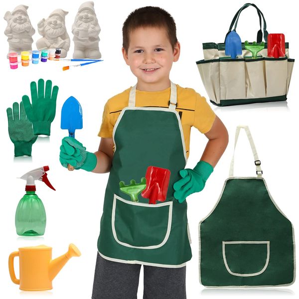 KITOYSHELY 14 Pcs Kids Gardening Set, Kids Garden Tools Bag Include : Metal Rake, Metal Shovel, Metal Trowel, Apron, Carry Bag, Watering Can, Sprayer, Gloves, 3 Gnomes, Paints, Brushes