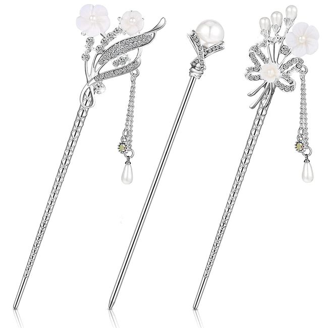 3 Stück chinesische Haarstäbchen japanische Haarnadel Haarstäbchen für Frauen Perlen Strass Blume Haarschmuck Vintage Quaste handgefertigt Chignon Schmuck für Mädchen (traditioneller Stil)