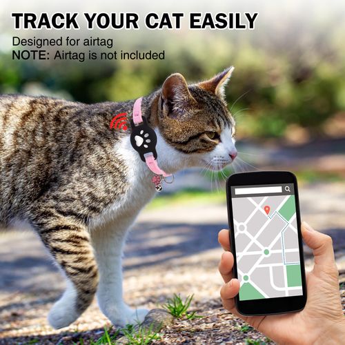 DILLYBUD Airtag Cat Collar Breakaway, Cute GPS Cat Tracker Collars with Air Tag Holder, Safety Cat Collars with Bell & Pendant for Girl Boy Cats, Pink