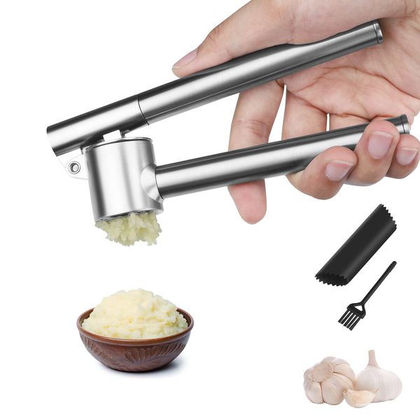 Garlic Press Garlic Mincer & Crusher Stainless Steel Garlic Press Set for Kitchen with Brush & Peeler, Kitchen for Garlic, Garlic Presser Easy to Clean Easy Squeeze Rust Proof (Small A - Set)