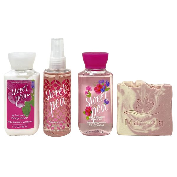 Bath & Body Works Sweet Pea Mini Gift Set - Fragrance Mist, Shower Gel and Body Lotion Travel Size With a Himalayan Salts Springs Sample Soap