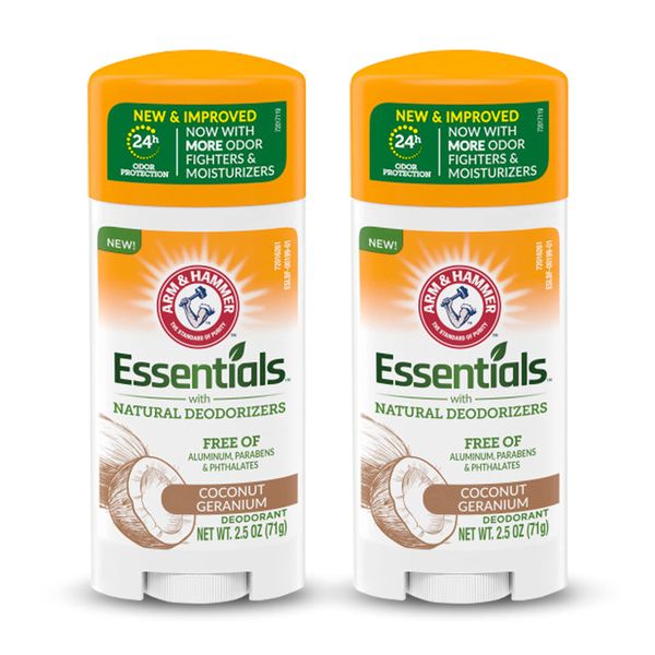 ARM & HAMMER Essentials Deodorant - Made with Natural Deodorizers - Coconut Geranium - Free From Aluminum, Parabens & Phthalates, 2.5 oz (Pack of 2)