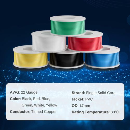 HiFind 22 AWG Solid Core Hook up Wire Spool 25 Ft Each-6 Colors Flexible 22 Gauge Electrical Tinned Copper Wire Kit, PVC Easy to Peel Led Solder Arduino Breadboard Wire for DIY, Lamp & Doorbell