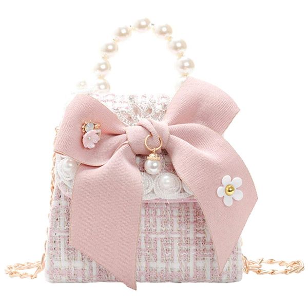 VALICLUD Little Girls Bowknot Purse with Pearl Chain, Cute Princess Handbags Pink Shoulder Bag, Mini Messenger Bag for Kids