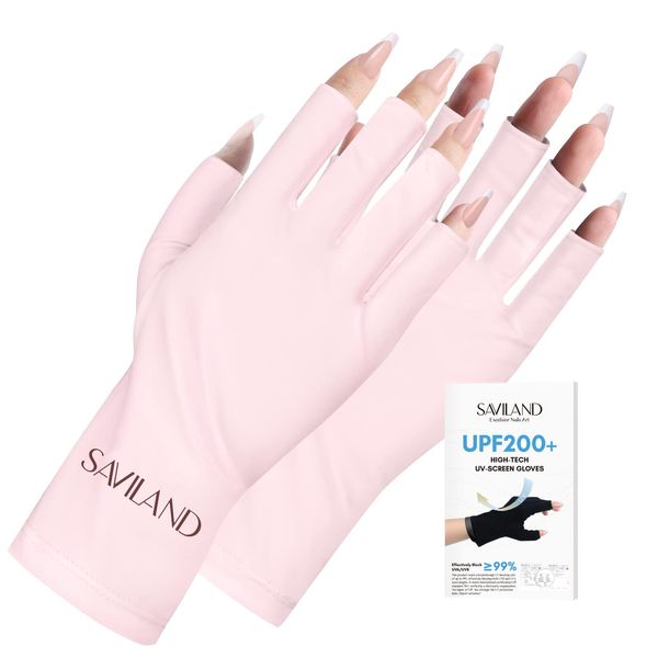 Saviland U V Gloves for Gel Nails - UPF200+ Professional U V Protection Gloves for Manicures,Anti UVA & UVB 999+ U V Nail Gloves for Gel Nail Lamp Skin Care Fingerless Gloves Protect Hands(Light Pink)