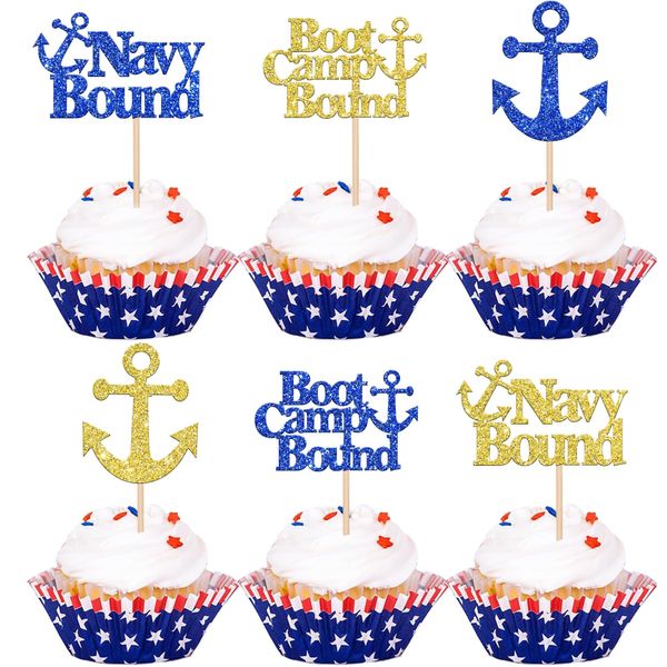 24 Pack Military Themed Cupcake Toppers Boot Camp Bound Cupcake Picks Navy Bound Themed Cupcake Decorations Welcome Ceremony Army Birthday Party Cake Decorations Supplies Blue