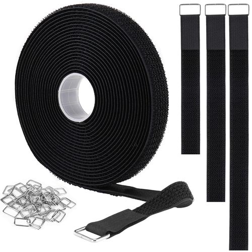 YMCRLUX 5 m Velcro Tape with 25 Metal Buckles, Can be Cut to Size, 2 cm Wide, Resealable Velcro Cable Ties for Organising Your Cables, Cords, Hoses, etc