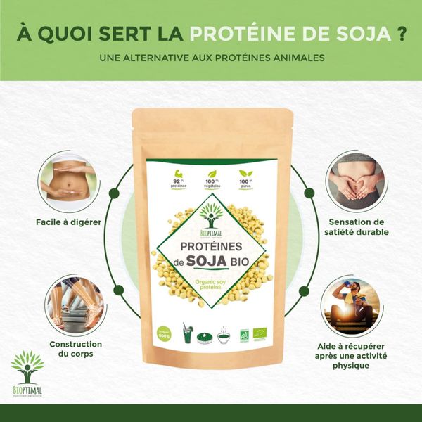Soja Protein Bio - Bioptimal - 92% Protein 17% BCAA - Hohe Verdaulichkeit - Energie Muskelaufbau - Pulver aus biologischen Sojabohnen - 100% Rein - Verpackt in Frankreich - Ecocert zertifiziert - 500g