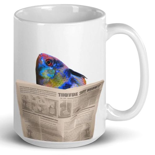 Funny German Blue Ram Cichlid Reading Newspaper Mug 15oz - Cute White Ceramic Coffee Cup Gifts for Cichlid Lovers