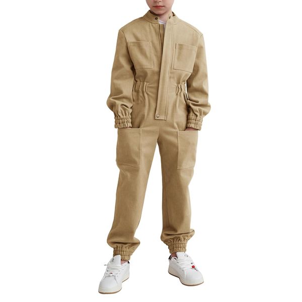 Haloumoning Kids Coveralls Boys Long Sleeve Jumpsuit Zip Up Flight Suit with Pockets 5-14 Years