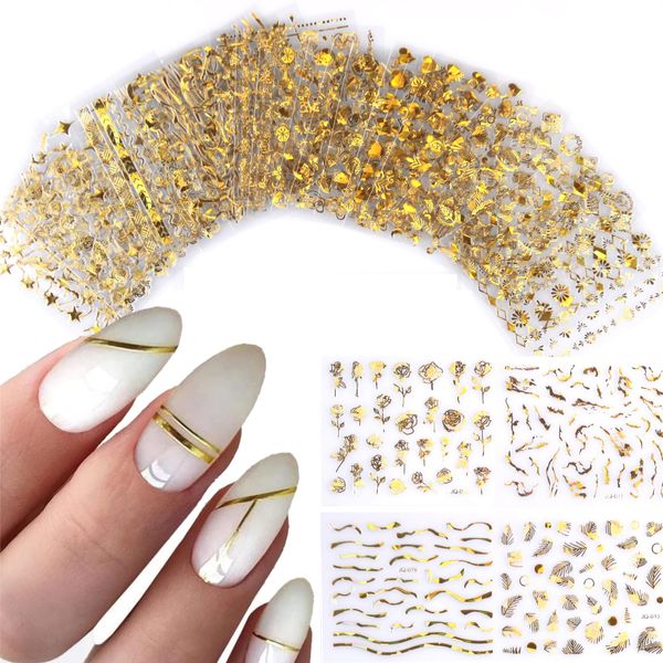 30 Sheets Gold Nail Stickers 3D Self-Adhesive Nail Decals Flower Line Lace Leaf Design Nail Art Stickers for Nail Art for Acrylic Nails DIY Nail Supplies for Women Girls