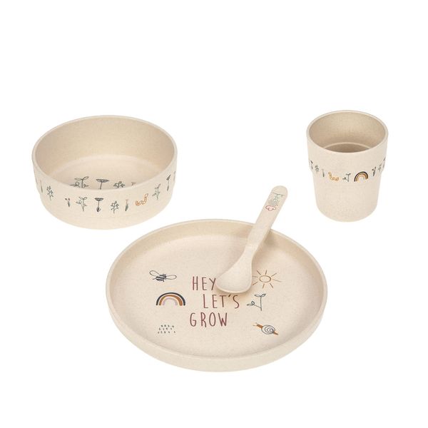 LÄSSIG Kindergeschirr Set (Teller, Becher, Schälchen, Löffel) ohne Melamin, BPA-frei, für Spülmaschine und Mikrowelle/Dish Set Garden Explorer, Mehrfarbig