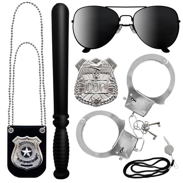 6 Pcs Police Pretend Play Toy Set,Police Officer Costumes with Handcuff Sunglass Badge Police Baton Whistle,Police Role Play Set Cop Detective Accessories for Kids