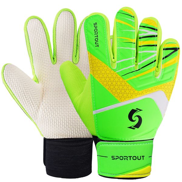 Sportout Kids Goalkeeper Gloves, Soccer Gloves with Double Wrist Protection and Non-Slip Wear Resistant Latex Material to Prevent Injuries (Green, Size 5 Suitable for 5 to 8 Years Old)