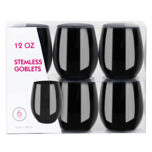 PLASTICPRO 12 Pack Black Plastic Wine Glasses Stemless Disposable 12 oz BPA Free Shatterproof Plastic Wine Cups Wine Glasses for Parties