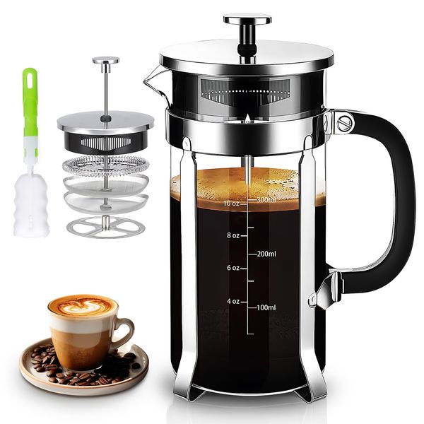 YMMIND French Press Coffee Maker 304 Stainless Steel Coffee Press,with 4 Filters System, Heat Resistant Thickness Borosilicate French Press Glass, BPA-Free Brewed Tea Pot Coffee Plunger