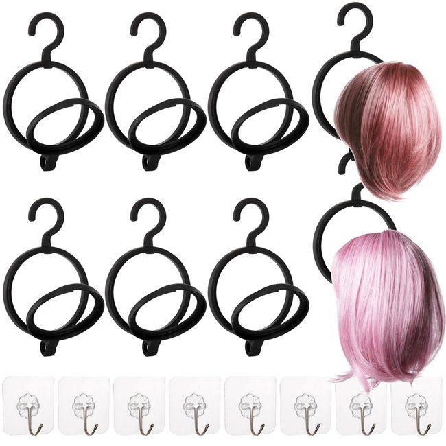 Hacaroa 8 Pack Hanging Wig Stand with Sticky Hook, Portable Wig Hanger Plastic Wig Holder, Collapsible Wig Drying Stand Display Tool Rack for Multiple Wigs, Hats, Black