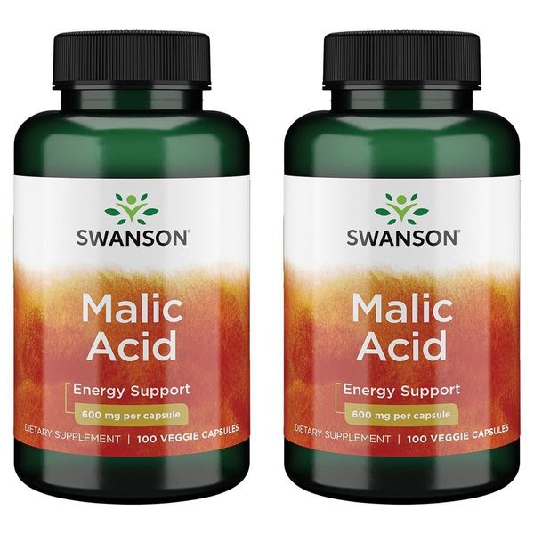 Swanson Malic Acid - Natural Supplement Promoting Cellular Energy Production - Supplement Formula to Help Nourish & Energizes Muscles - (100 Veggie Capsules, 600mg Each) (2 Pack)