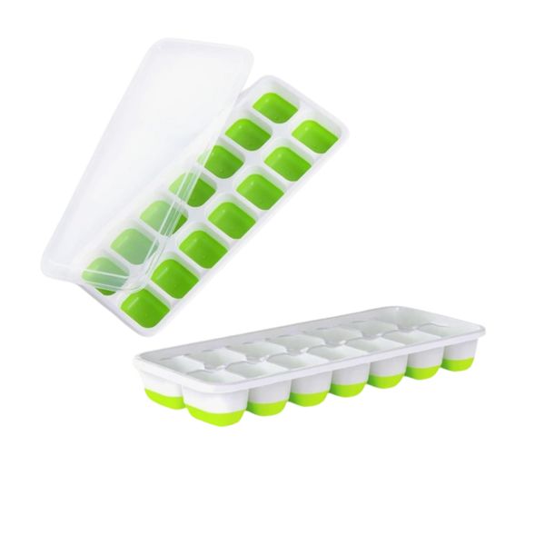 2pcs Ice Cube Tray with Lid 14 Grids Silicone Molds Easy Demold Ice Maker Freezer Blocks Ice Box for Smoothies, Baby Food, Juice, Cocktail, Chocolate | Ice Cube Making Tool, Green