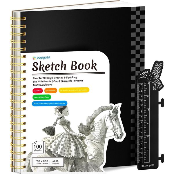 POPYOLA 9" x 12" Sketch Book with Bookmark Ruler, 100 Sheets Spiral Sketchbook for Drawing (68lb/100gsm), Acid Free Sketch Pad Artist Sketching Drawing Paper for Kids Teens Adults Artists