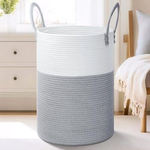 Laundry Basket,Woven Cotton Rope Laundry Hamper,for Decorative 100L Grey