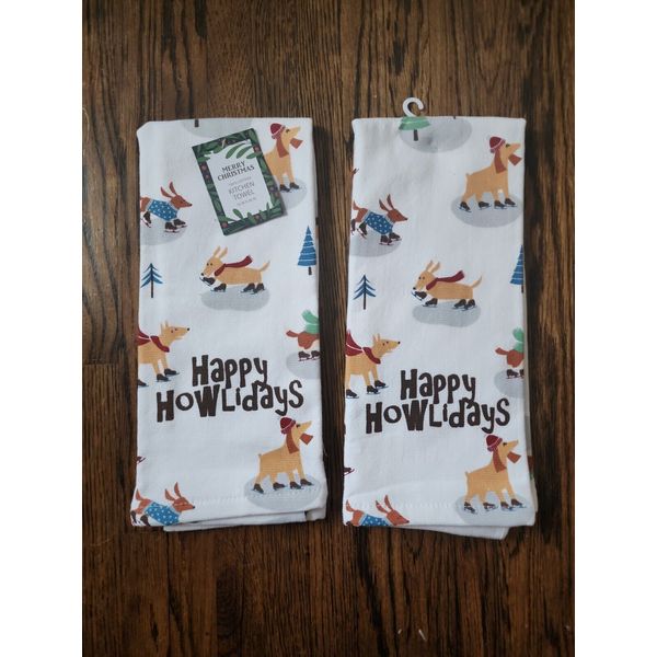 NWOT Christmas Dogs Ice Skating Pets Winter "Happy Howlidays" 2 Holiday Towels